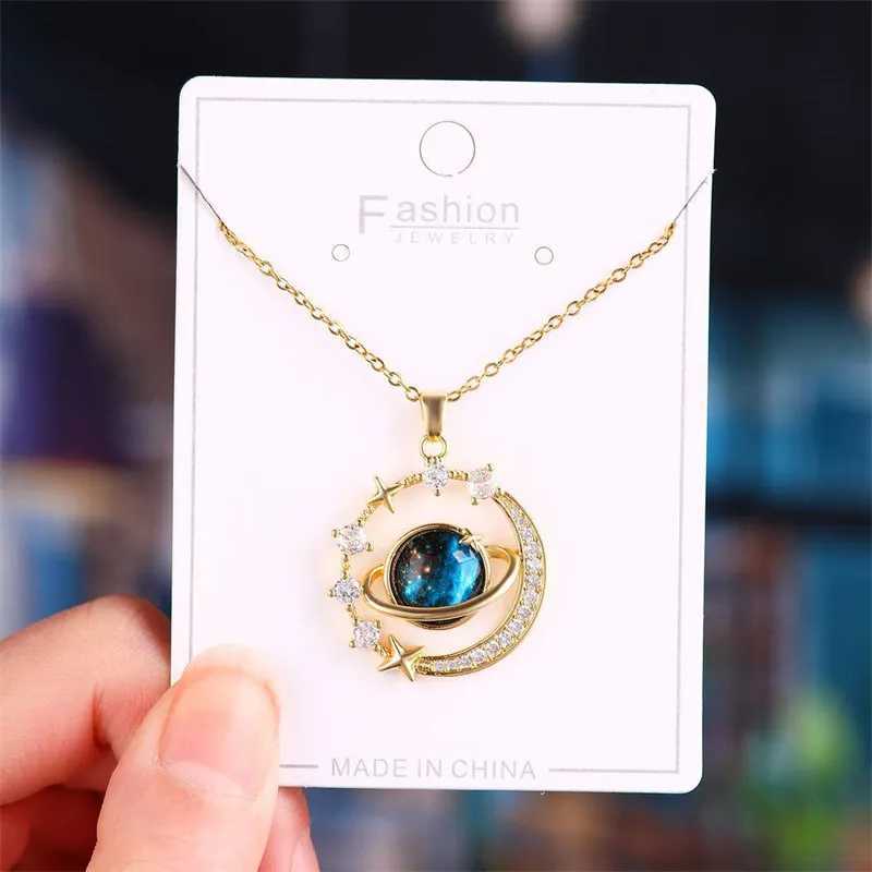 Luxury Inlaid Zircon Planet Moon Pendant Necklace For Women Titanium Steel Butterfly Water Drop Clavicle Chain Charm JewelryXJ250121
