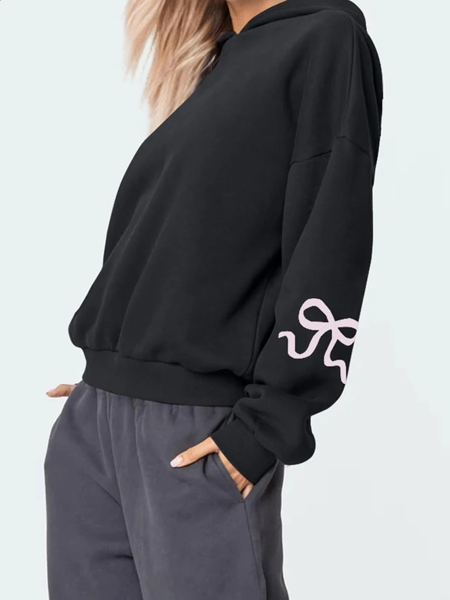 Casual Women s Oversized Hoodies with Bow Print Long Sleeve Sweatshirts Streetwear Aesthetic Tops for a Relaxed Look 250122