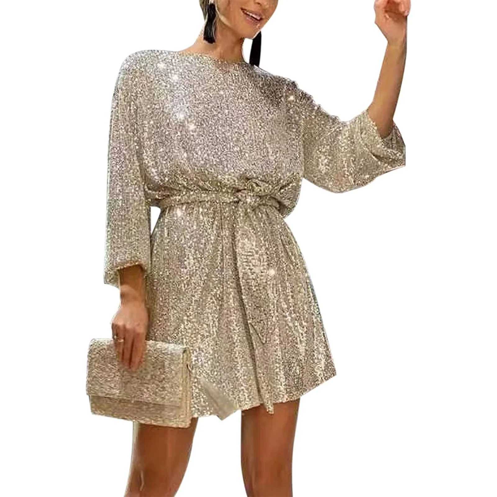2024 New Fashion Womens Autumn Sequin Party Dress Sparkle Long Sve Round Neck Short Cocktail Dress with BeltXJ250115