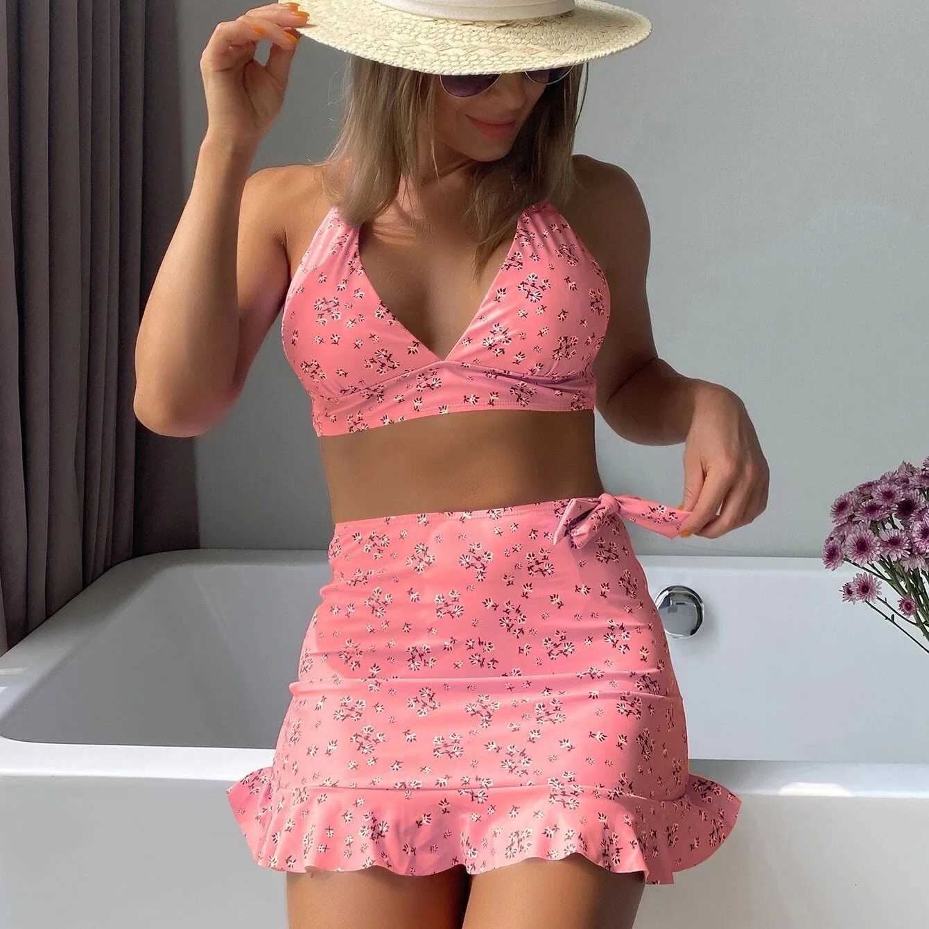 Msfilia Fashion Womens Swimsuit Halter Split Three Piece Set Floral Mesh Red Lace up Skirt Bikini SuitsXJ250120