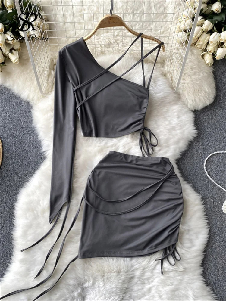 SINGREINY Senior Fashion Two Pieces Suits Women Sexy One Shoulder Long Sleeves Drawstring TopShort Bodycon Skirt sweet Sets 250116