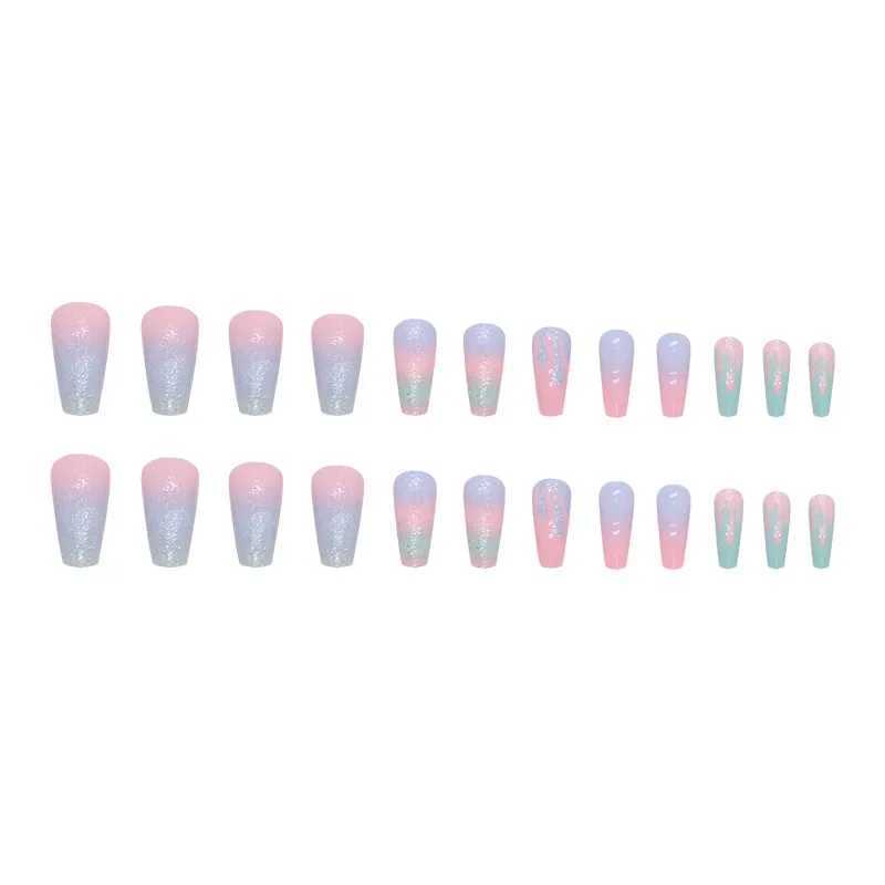 24Pc/set Girl Pink Blue Gradient On Ballet Fake Nails Acrylic Press on Nail Tips Removable Artificial Wearing False Nails ArtW250120