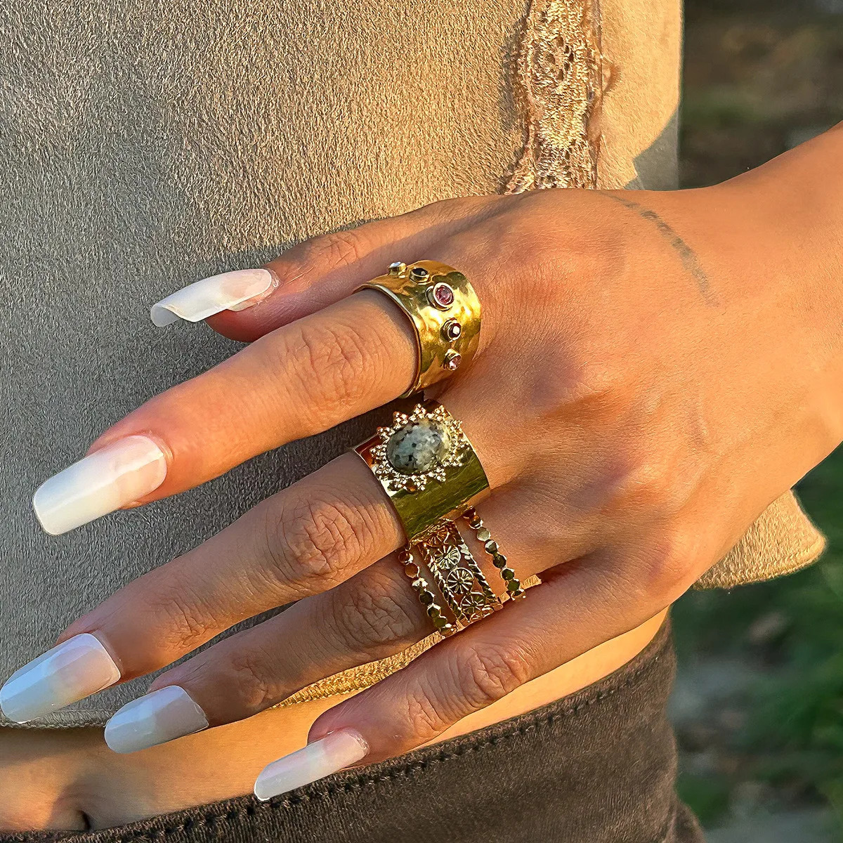 Multi color retro fashion gemstone ring colored resin temperature stone crystal ring womens jewelry set 250109