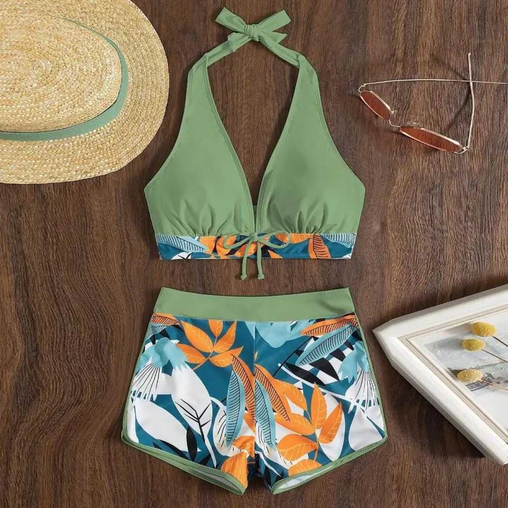 2Pcs/Set Women Bikini Set Bowknot Decor Floral Print Backless Lady Swimwear Wire Free Halter Bra High Waist Shorts Set BeachwearXJ250120
