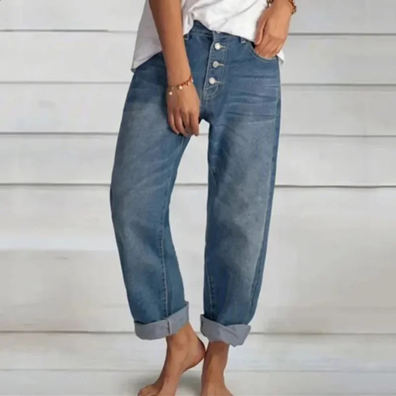 Women Versatile Simple Denim Pants High Waist Singlebreasted Splicing Straight Jeans Female Loose Casual Washable Trousers 250121