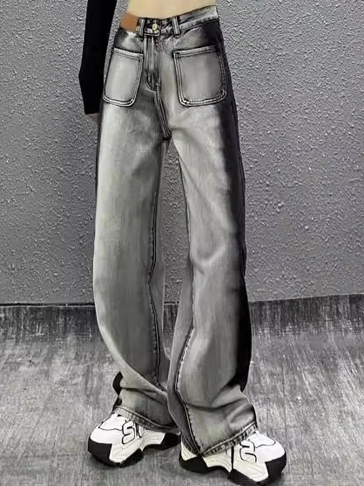 Women High Waist Slim Fit Wide Leg Jeans Girls Street Denim Straight Pants Female Black White Gradient Loose Trousers 250122
