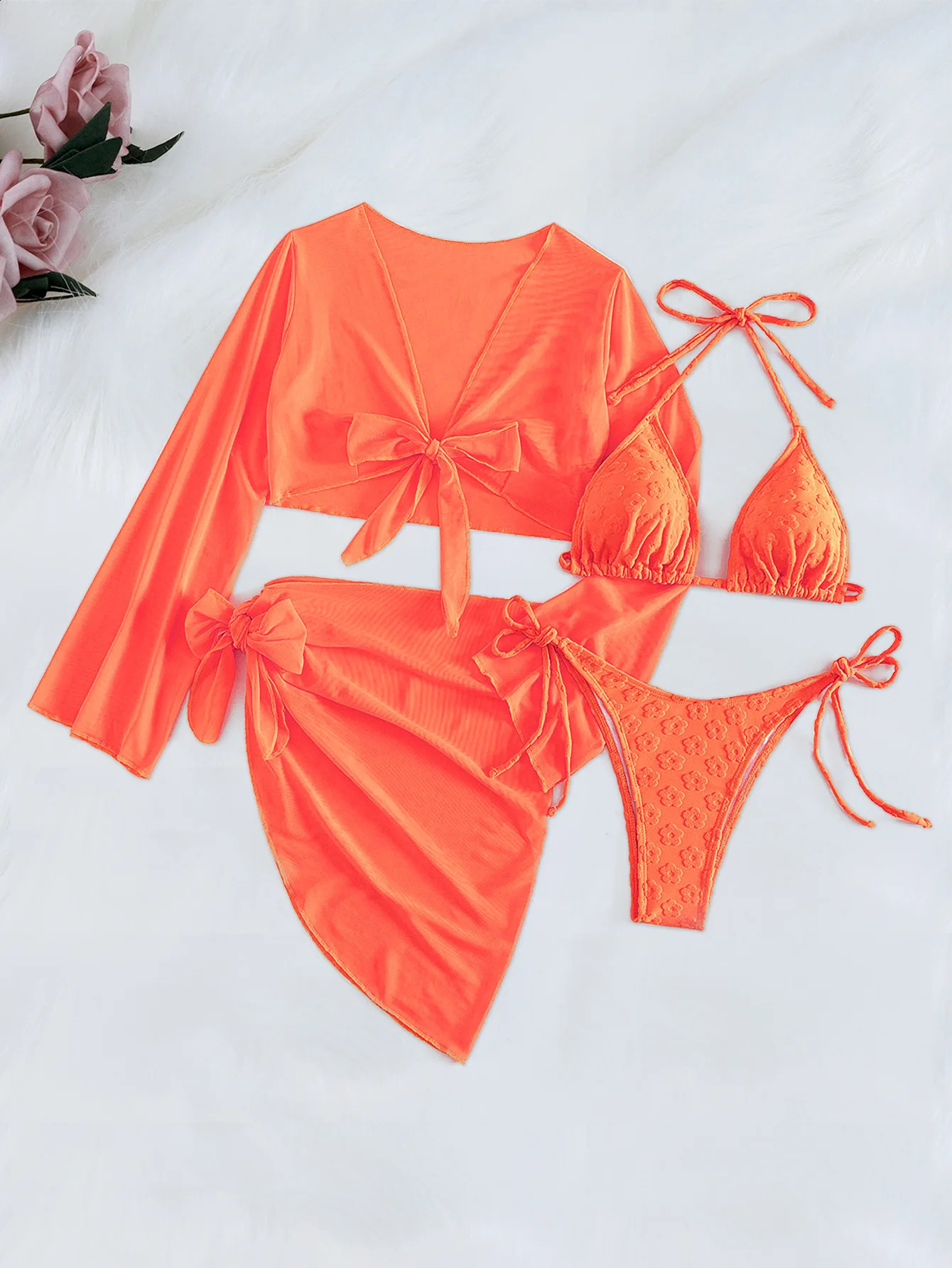 Sexy Orange Bikini Set Women Long Sleeve Cover Up with Mesh Skirt 4 Piece Swimsuit 2025 Beach Bathing Suit Holiday Swimwear 250113