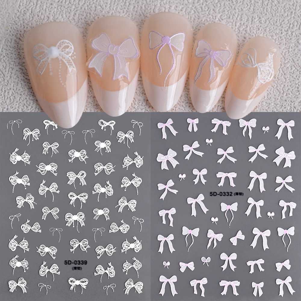 1PC 5D Embossed White Lace Bow Nail Art Stickers Cute Pink White Ribbon Bow Tie Nail Sliders Kawaii Bow Manicure Accessories TY9XJ250120