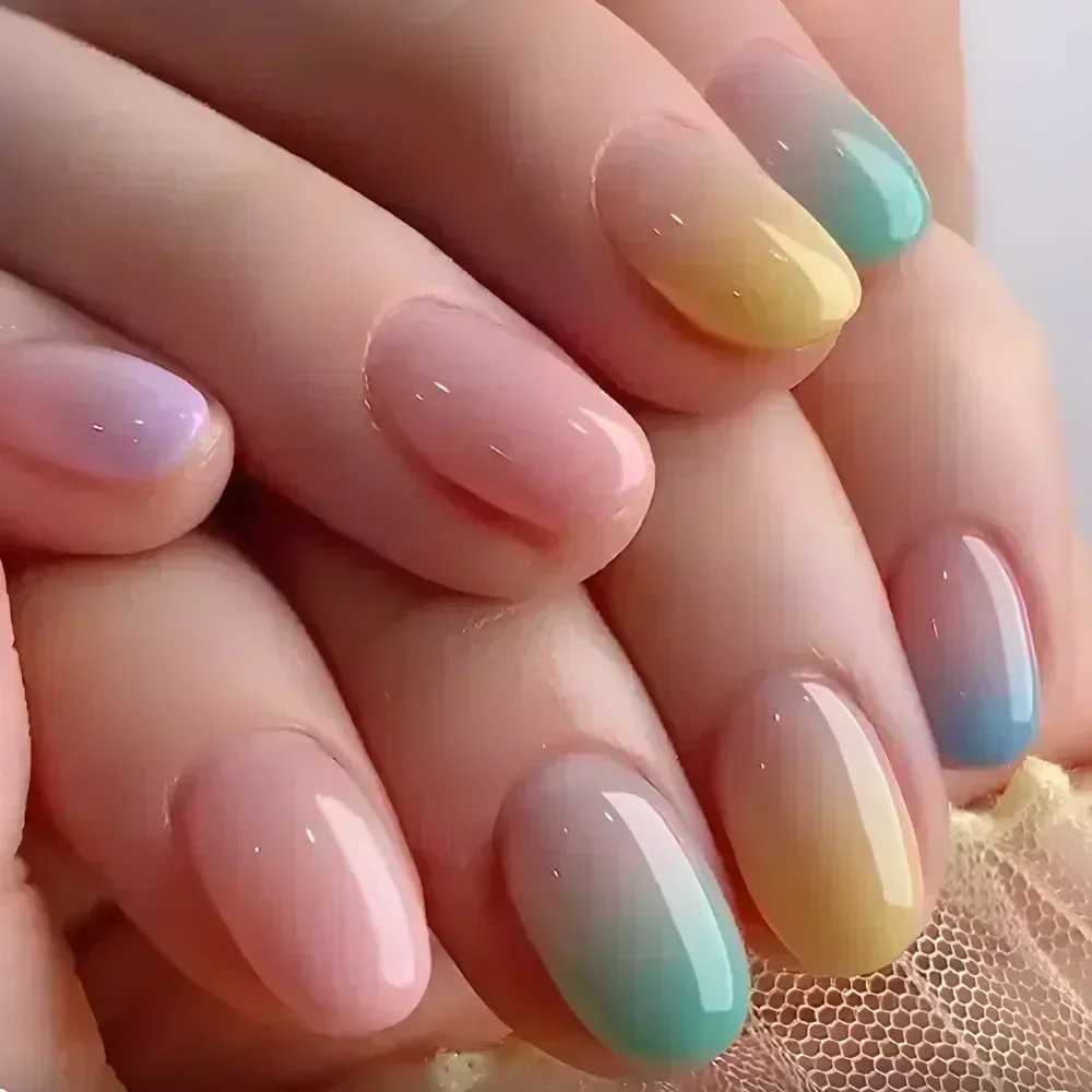 24 pieces of short fake nails French gradient pink fake nails almond pressed on nails coffin fully covered nail tips detachable handleW250120