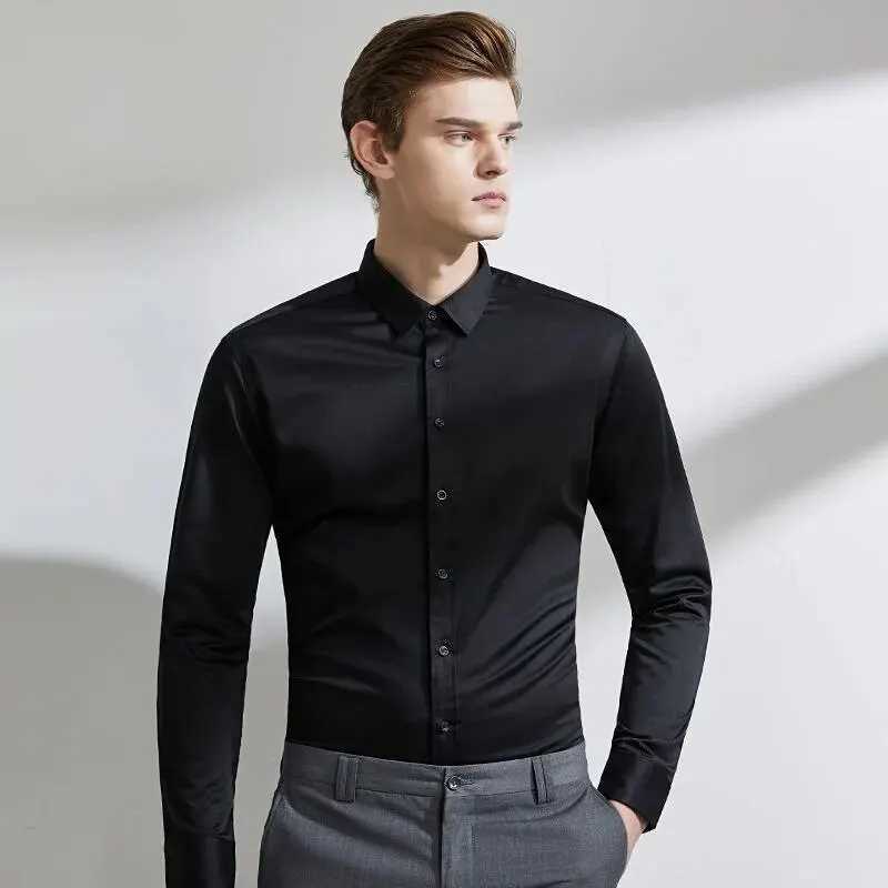 Four Seasons Mens Plain Color Simple Long Sleeve Casual Suit Shirt Slim Fit Fashion Business Plus-Size Social Must-HaveXJ250121
