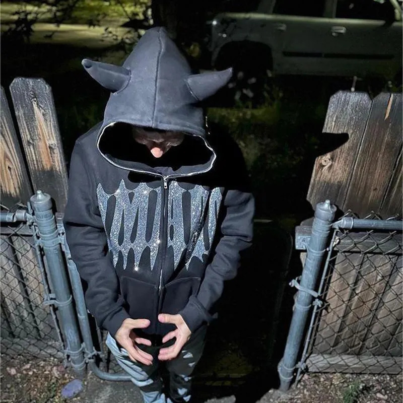 Mens Y2K Fashion Hoodie Monster Horn Rhinestones Hoodie Clothes Hoodies Goth Grunge Long Sleeve Women Sweatshirt Oversized Tops 250117