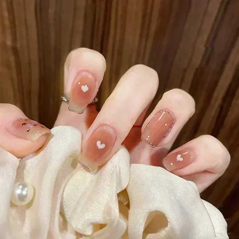 24pcs Black Short Ballet False Nails with Jelly Glue French Design Detachable Fake Nails Art Heart Full Cover Press on Nails TipW250120