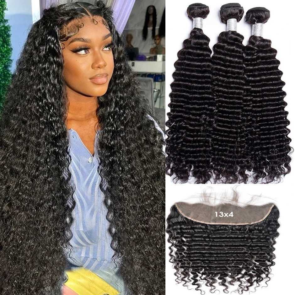 Deep Wave Curly Human Hair Bundles With Transparent 13x4 Lace Frontal Brazilian Extension for Women Weave 3 Bundles With CloXJ250120