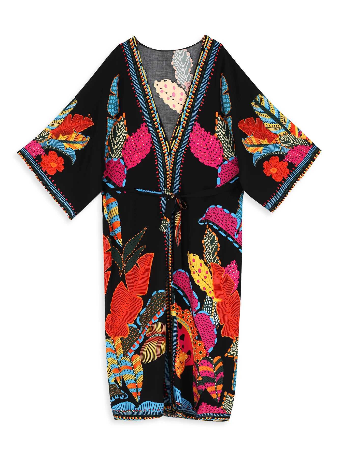 Bohemian Printed Belt Kimono Plus Size Batwing Sleeve Dr Summer Autumn 2023 Women Loose Beachwear Swimsuit Cover Up Shirt Q1 W250120