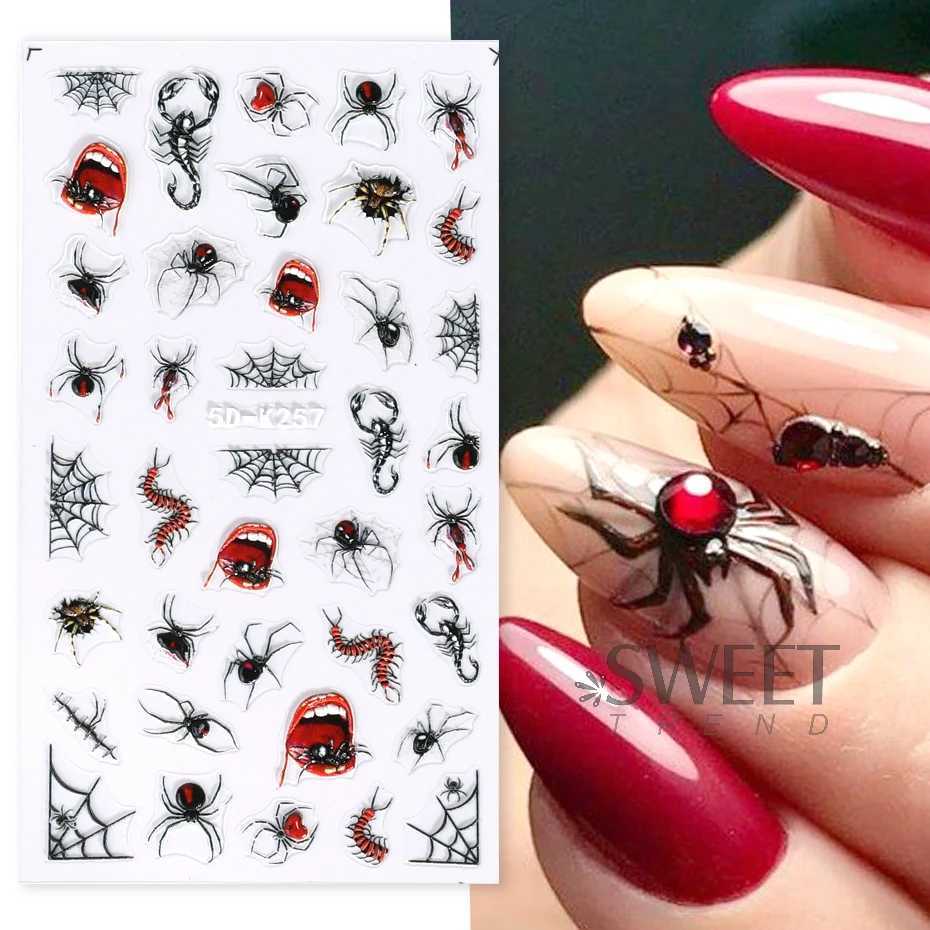 5D Gems Spider Embossed Nail Stickers Design Centipede Red Eyeball Adhesive Sliders Holiday Party New Year Decals Manicure FoilsXJ250120