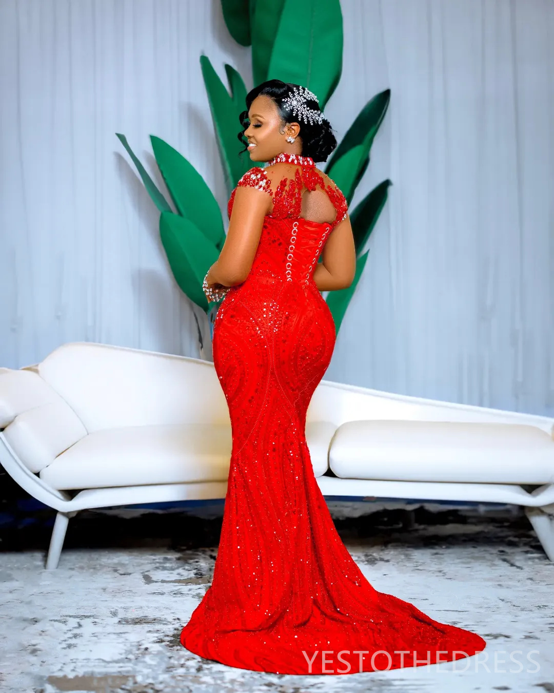 2025 Plus Size Aso Ebi Red Prom Dresses Mermaid Evening Gowns For Black Women Illusion High Neck Beaded Lace Long Sleeves Birthday Dress Second Recept