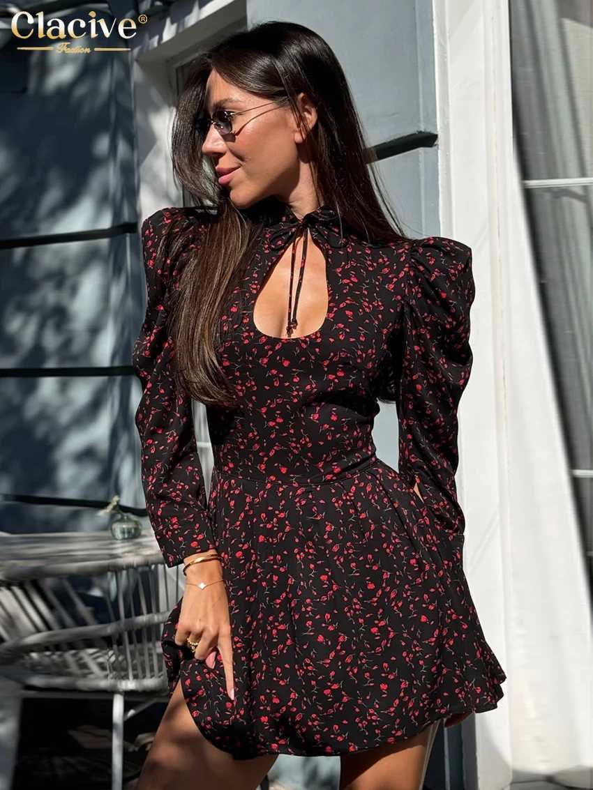 Clacive Fashion Slim Print Womens Dress Sexy Stand Collar Long Sve Mini Dresses Ele Classic Hollow Out Fe DressXJ250115