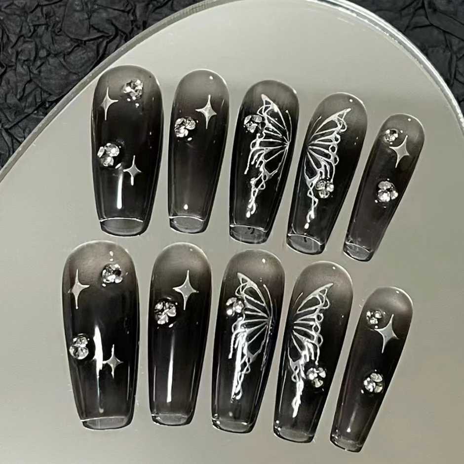 Laser Butterfly Silver Black Nail Art Sticker Hollow Y2K Nails Design Bronzing Star Moon Charms Adhesive Slider Manicure DecalsXJ250120