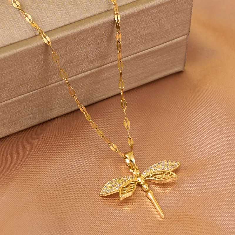 Hollow-out Dragonfly Pendant Necklace with Titanium Steel Chain and Micro-inlaid Zircon Stylish Womens AccessoryXJ250121