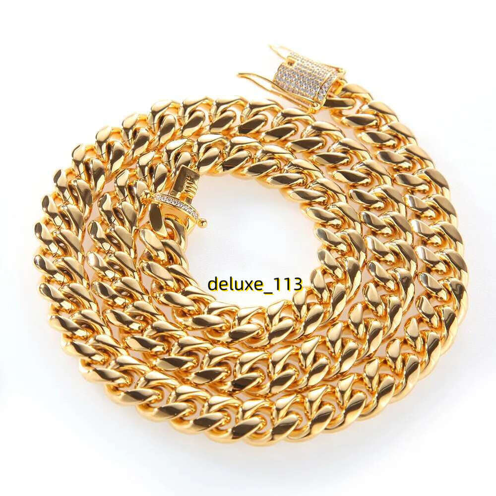 12mm/14mm Mens Miami Cuban k Necklace Chains Stainless Steel CZ Clasp Iced Out Gold Hip Hop Jewelry