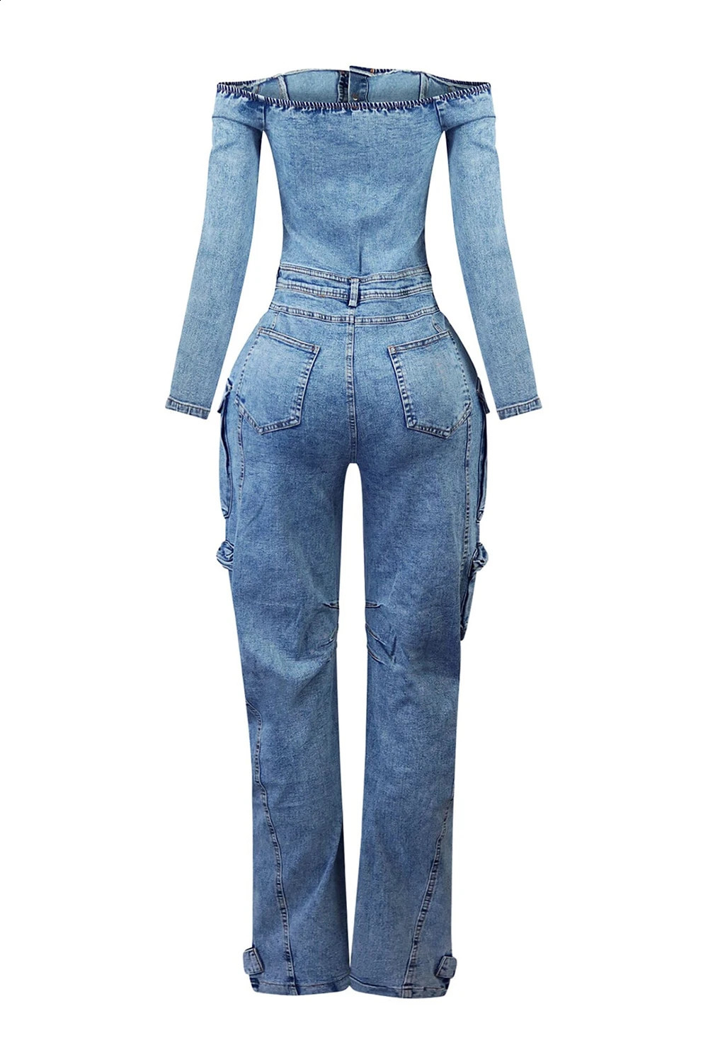 Plus Size Daily Blue Off The Shoulder Long Sleeve Pocket Cargo Denim Jumpsuits 250122