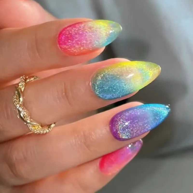 24 pieces of colorful cat eye fake nail art rainbow design complete set of nail tips simple long almond fake nails oval shaped fake nails pressed on t