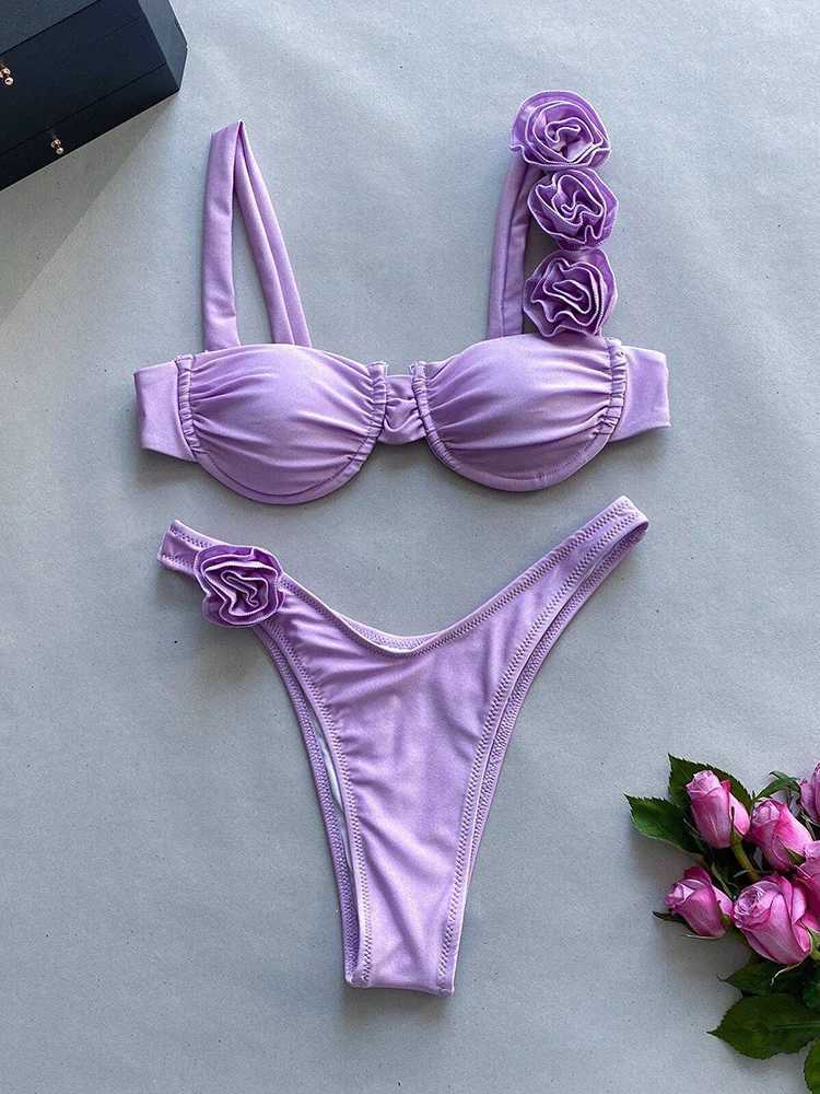 Sexy Swimwear Women Solid Bikini Suit Summer 3D Flower Backless Beachwear Fe Two-pieces Swimwear Bathing Suit BiquiniXJ250120