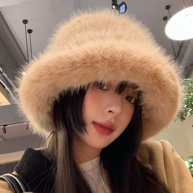 y2k fluffy faux fur bucket hat for women rabbit fur warm and thick plush winter hat for women and fashionable party Panama fisherman hat 250109