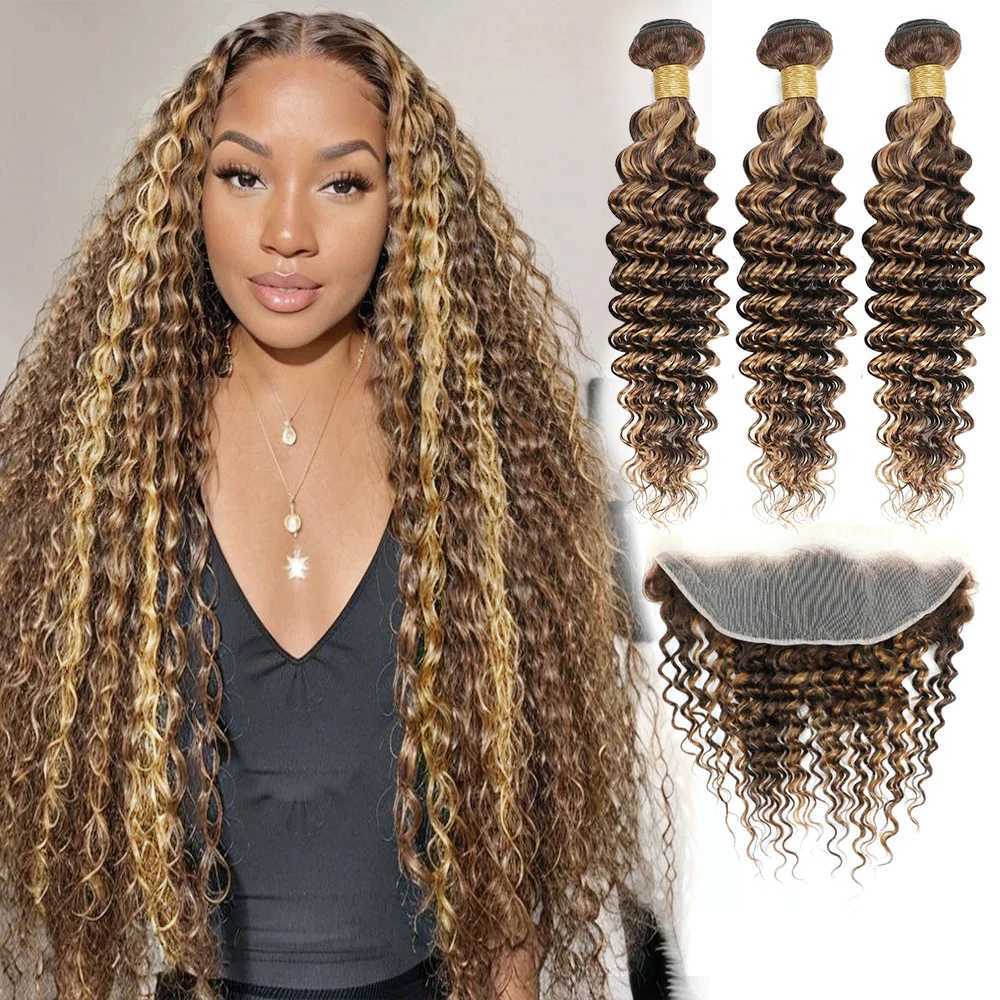 30 Inch Highlight Deep Wave Bundles with Frontal Clo Human Hair Bundles with Clo Ombre Honey Blonde Bundles with CloXJ250120