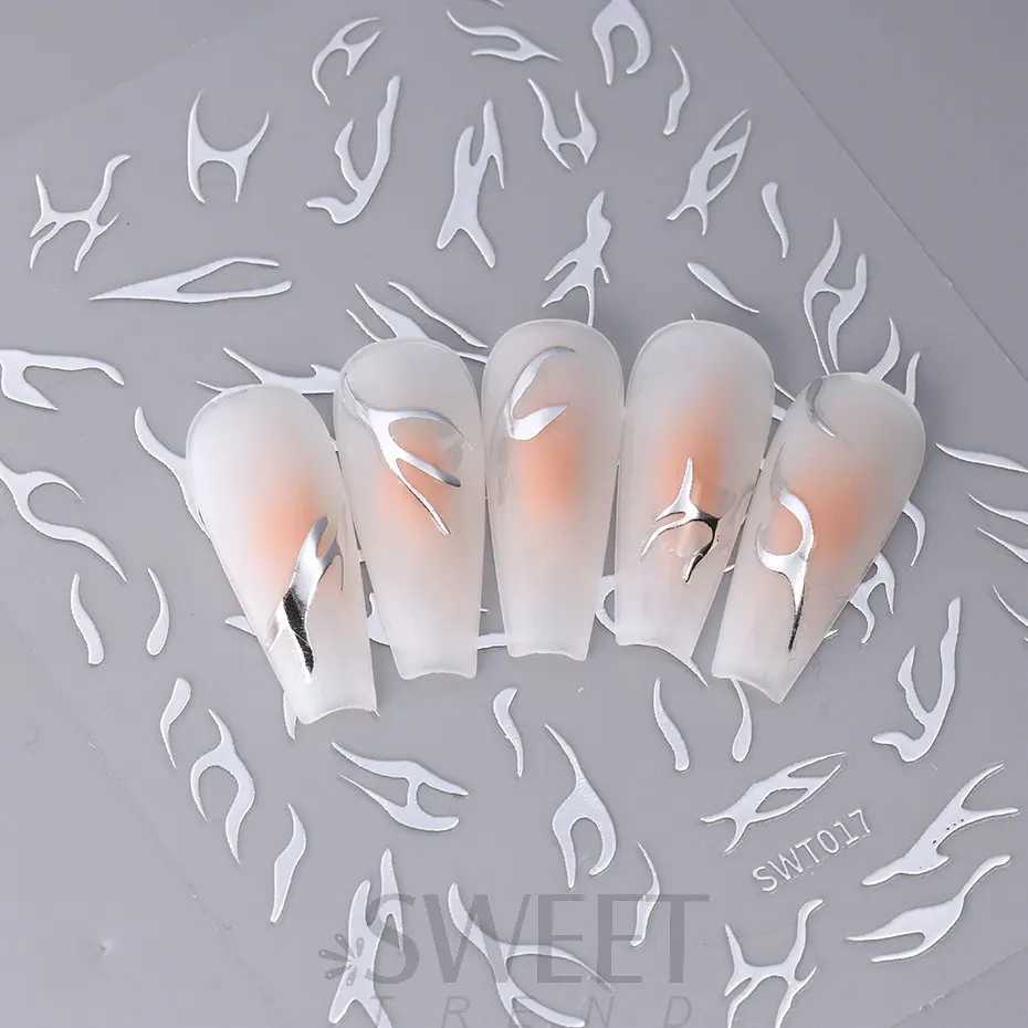 Metallic Silver Flame Nail Stickers Striped Wavy Line Tribal Fire Tatton Slider Holographic 3D Manicure Tips Decoration JISW-TXJ250120