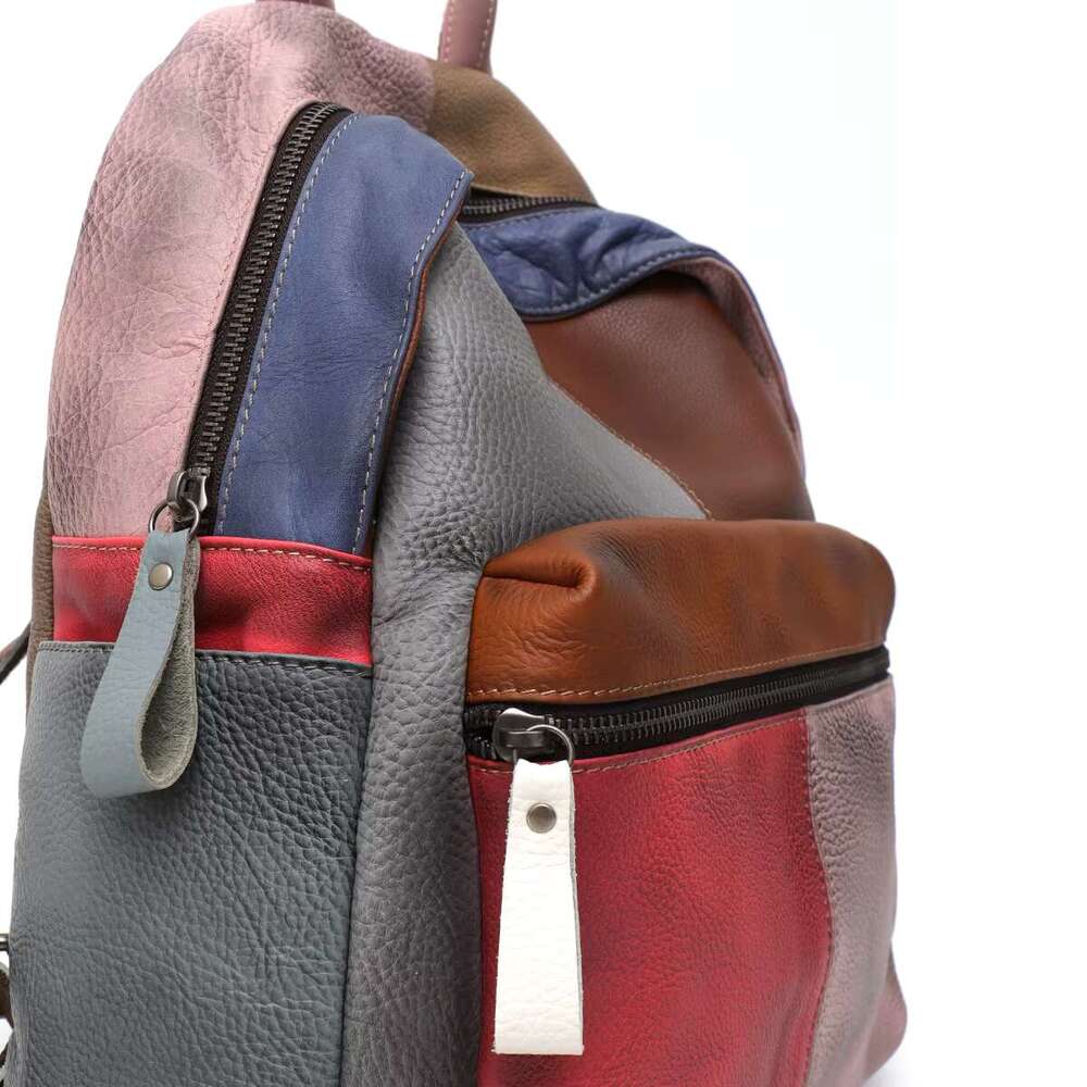 Painted Color Genuine Leather Patchwork Backpack Women Large Capacity Casual Retro Functional Shoulder Bag Knapsack Daily Travel
