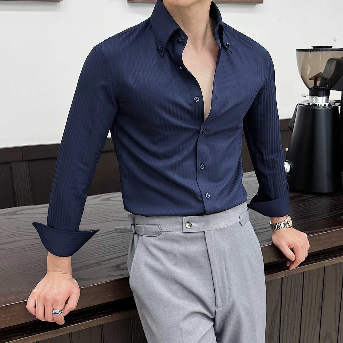 High-quality autumn mens new long-sleeve dark striped slim-fit shirt business casual formal workwear M-4XLXJ250121