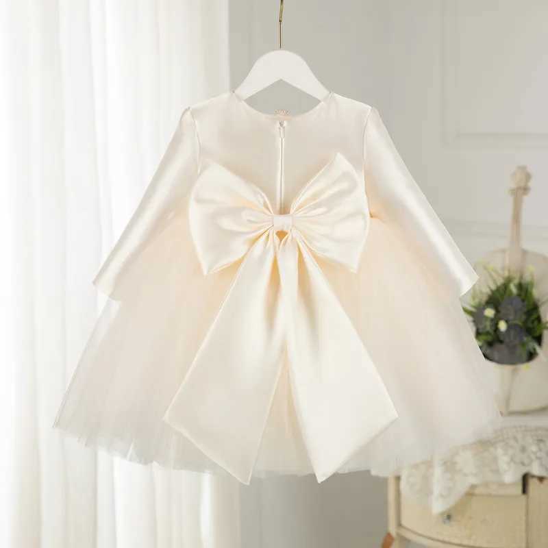 Preschool light champagne chiffon party dress long sleeved baptismal party wedding one-year birthday bow girl princess dress Vestdos X250203