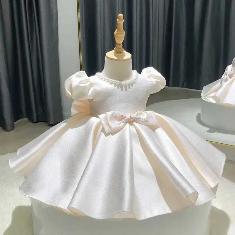 New Baby Girl Dress Bead Bow Newborn Baptist Dress Baby Girl Tutu 1st Birthday Party Dress Puff Sleeves Preschool Clothing X250203