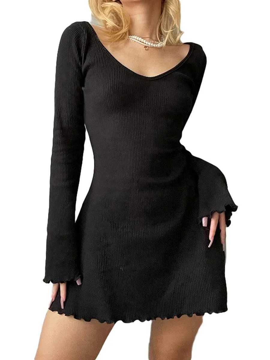 Women Sexy Black Solid Color A-Line Short Dress Ribbed Long Sve V-Neck Slim Fit Mini Dress for Party Club Beach StreetwearXJ250115