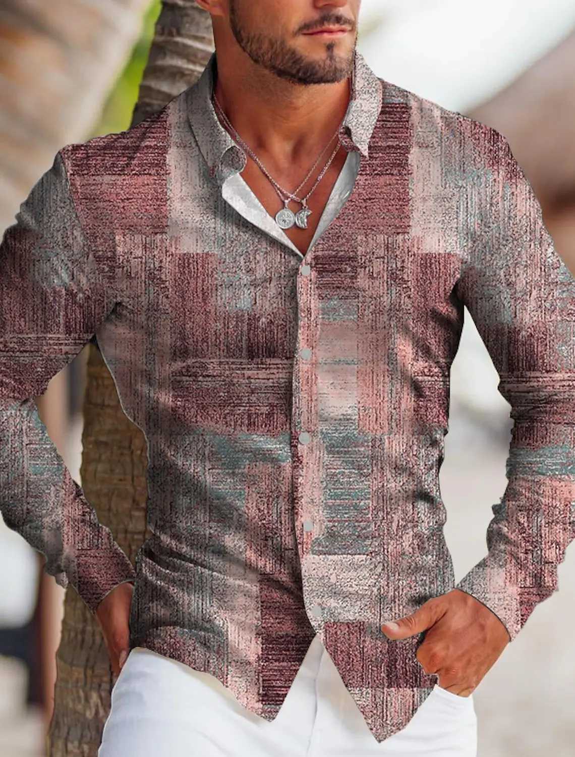 New Fall Mens Shirt Oversized Casual Shirt Line Printed Long Sleeve Button Mens Clothing Beach Cardigan Shirt MenXJ250121