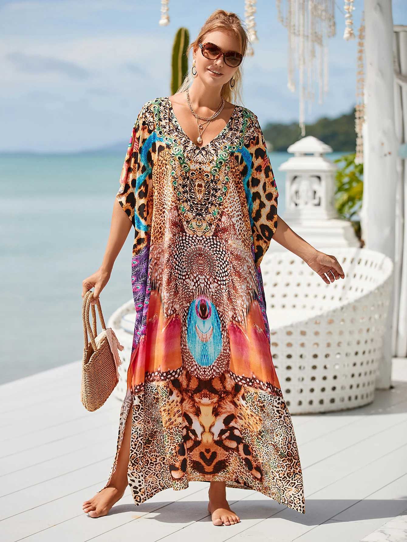 Boho Printed Kaftan Casual Summer Clothing 2024 Women Plus Size V Neck Batwing Sleeve Beachwear Cover Up Maxi Dr Robe Sarong W250120