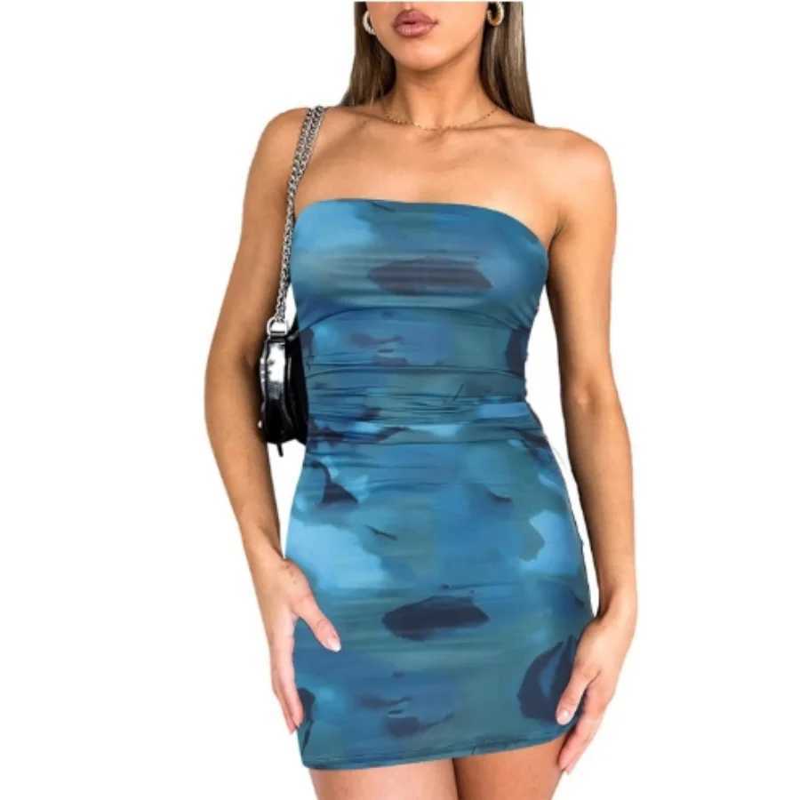 Europe and the United States womens spring new trend chest print pleated pullover cover buttock wrap short dressXJ250115
