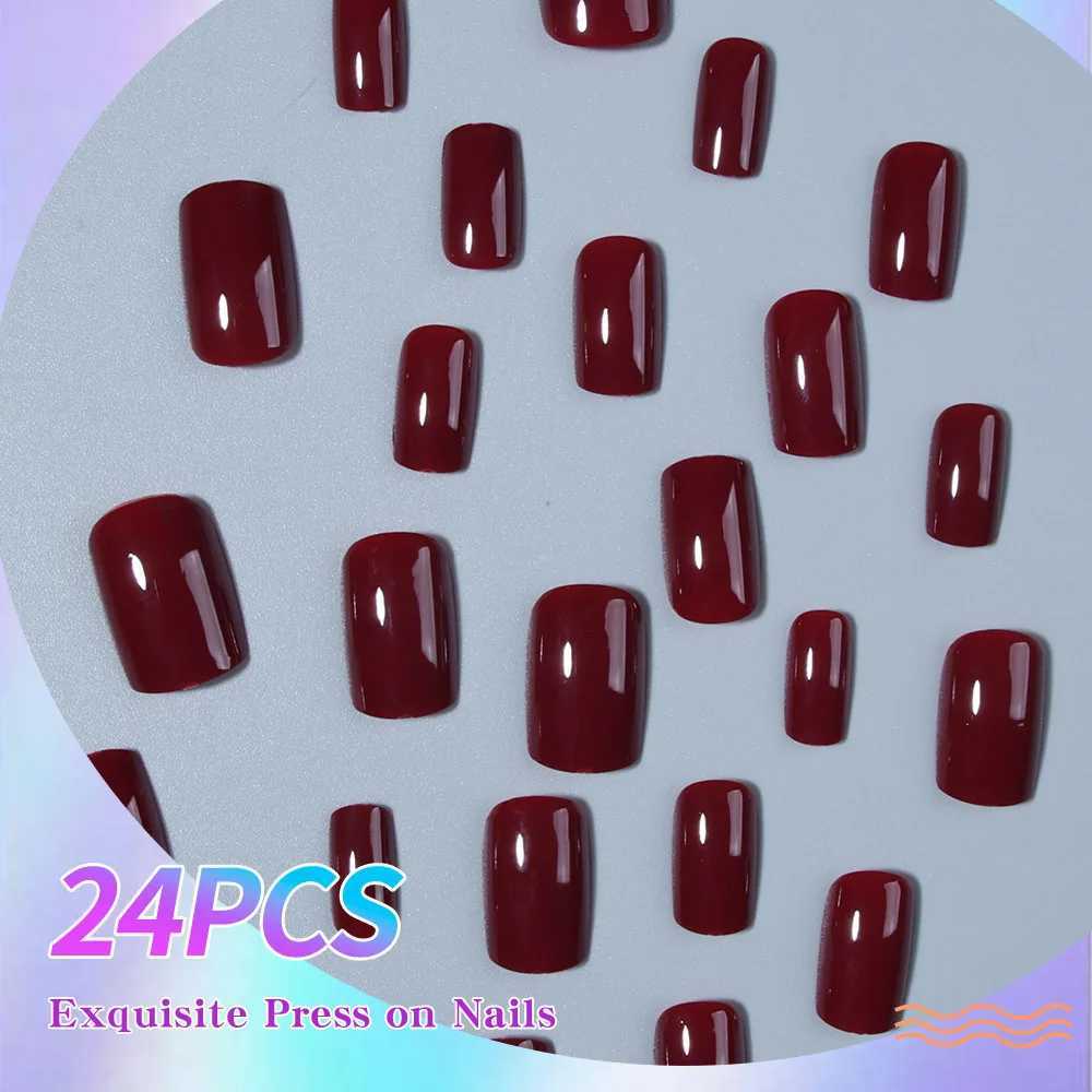 24pcs/pack burgundy square nails press on nails beautiful nails artificial fake nails y2k girls red nails for women girlsW250120