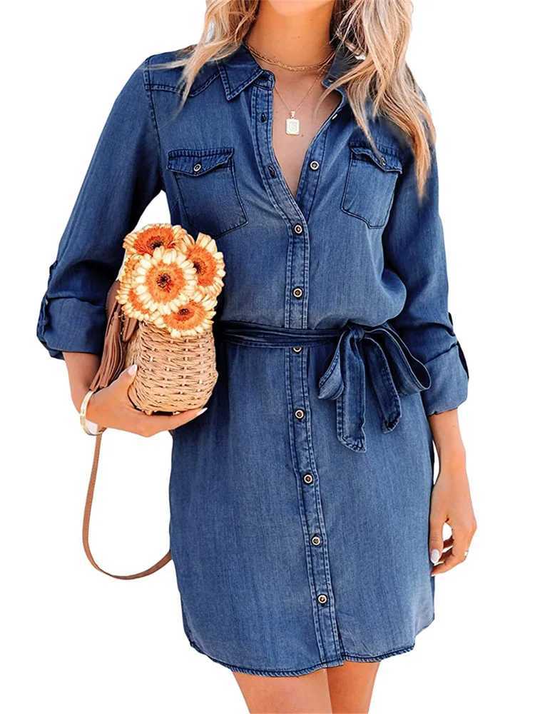 Women Autumn Denim Shirt Dress Solid Color Long Sve Button-Down Lapel Short Dress with BeltXJ250115