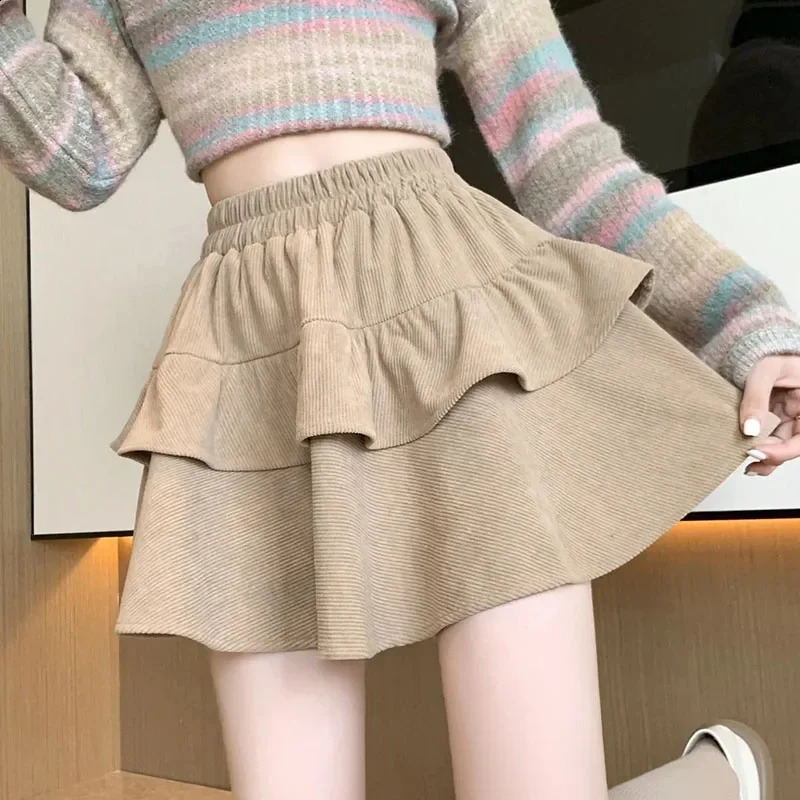 Fanan High Waist Puffy Ruffles Aline Skirt Ladies 2024 Autumn Allmatch Corduroy Pleated Skirts Y2K Vintage Cake Mini 250110Z