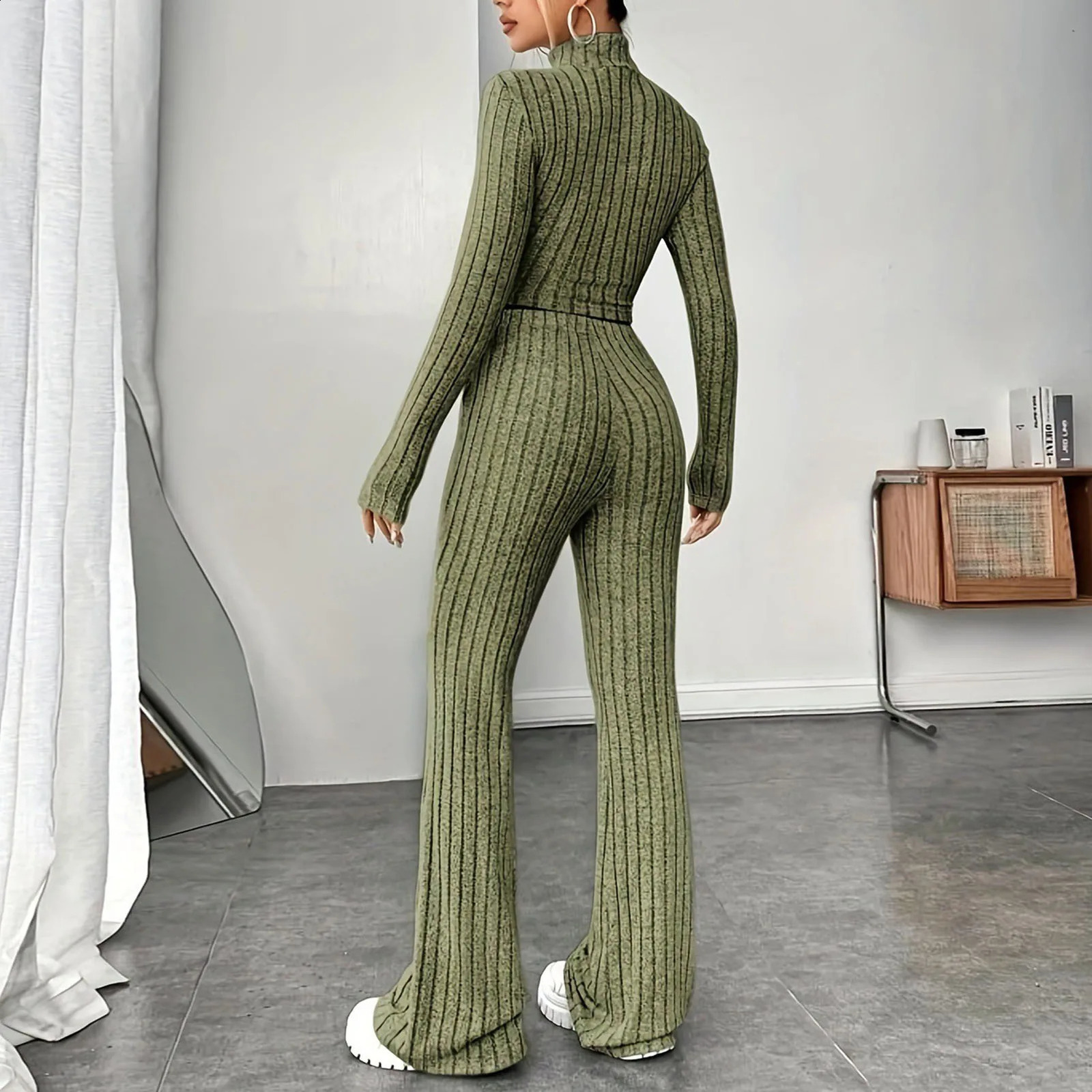 2 Pcs/Set Winter Women Knitted Top Pants Set Half-high Collar Top High Waist Trousers Set Solid Color Womens Two Pieces Set 250122