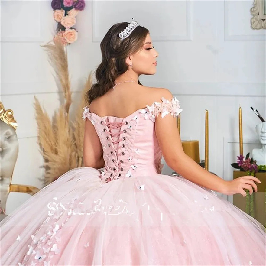 Light Pink Butterfly Quinceanera Dresses Puffy Ball Gown Off Shoulder Lace Appliques Sweet 15 16 Dress Graduation Prom Gowns Vestidos de xv anos 2025