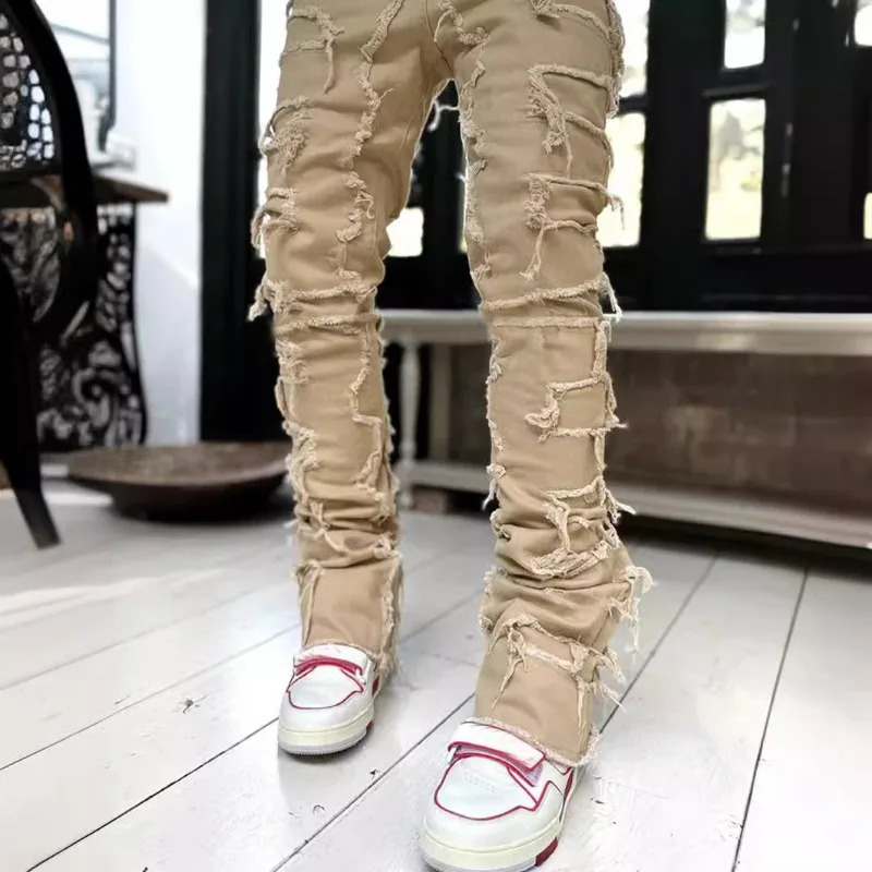 Spring Summer Mens Clothing Fashion Solid Color Elastic Patch Denim Straight-Leg Pants Jeans 250120