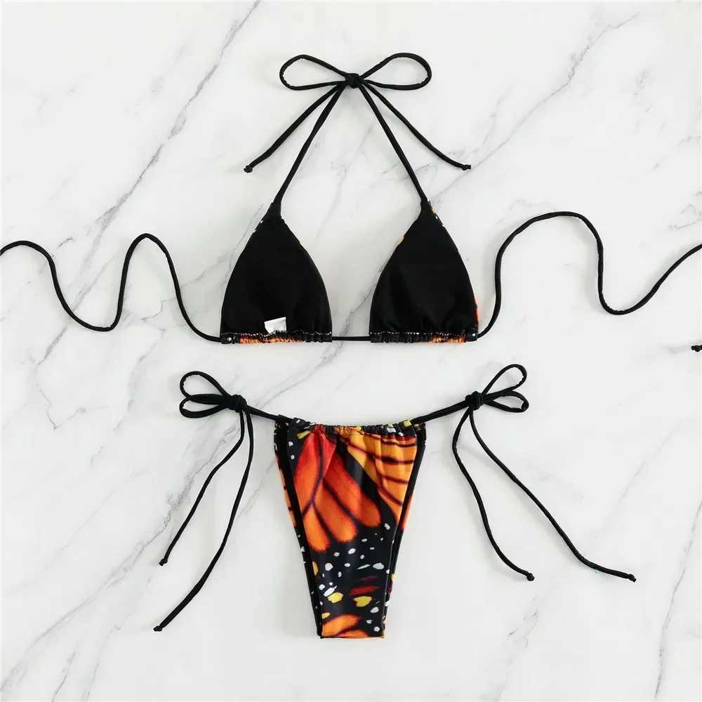 Sexy Butterfly Print Swimwear String Bikinis Set Micro Extremo Mini Thong Swimsuit Women Bathing Suit Triangle Bikini 2024 jerXJ250120