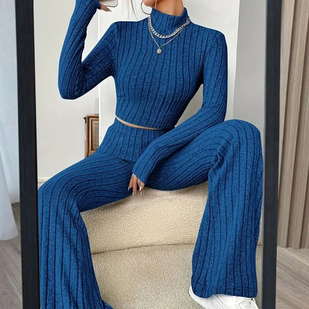 2 Pcs/Set Winter Women Knitted Top Pants Set Half-high Collar Top High Waist Trousers Set Solid Color Womens Two Pieces Set 250122