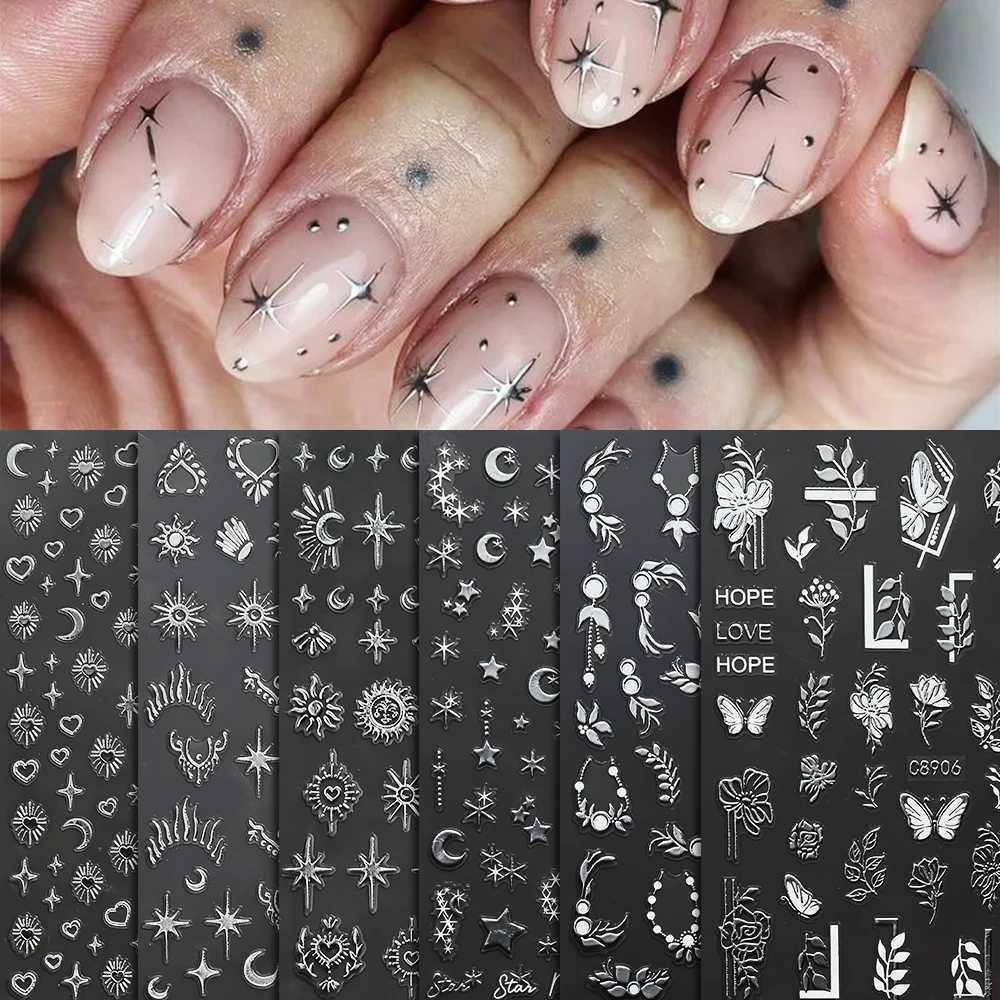 6pcs Golden Bronzing Nail Art Stickers Decals Sun Moon Star Pattern Gothic Nails Sliders For DIY Witchy Acrylic Nails DecorationXJ250120