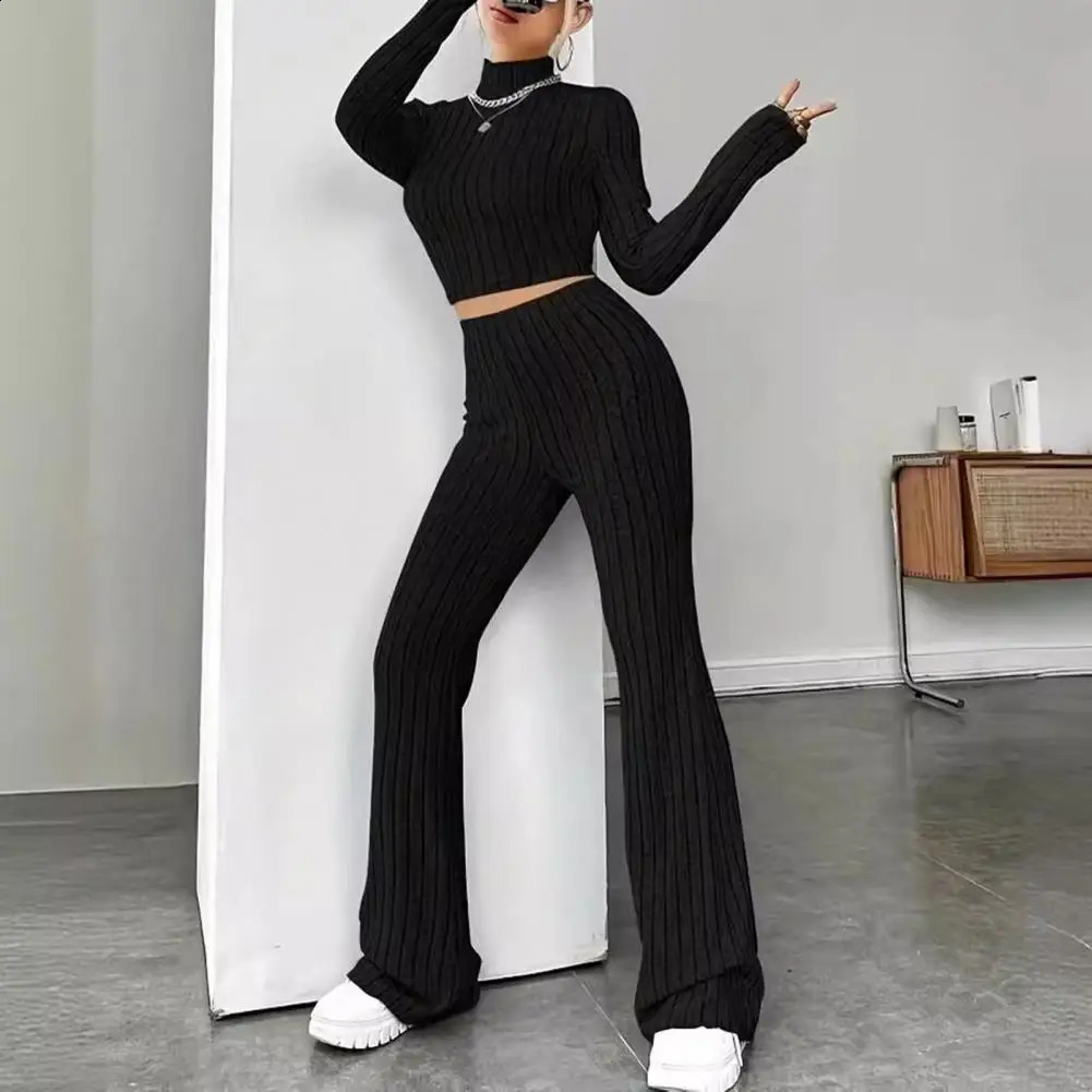 2 Pcs/Set Winter Women Knitted Top Pants Set Half-high Collar Top High Waist Trousers Set Solid Color Womens Two Pieces Set 250122