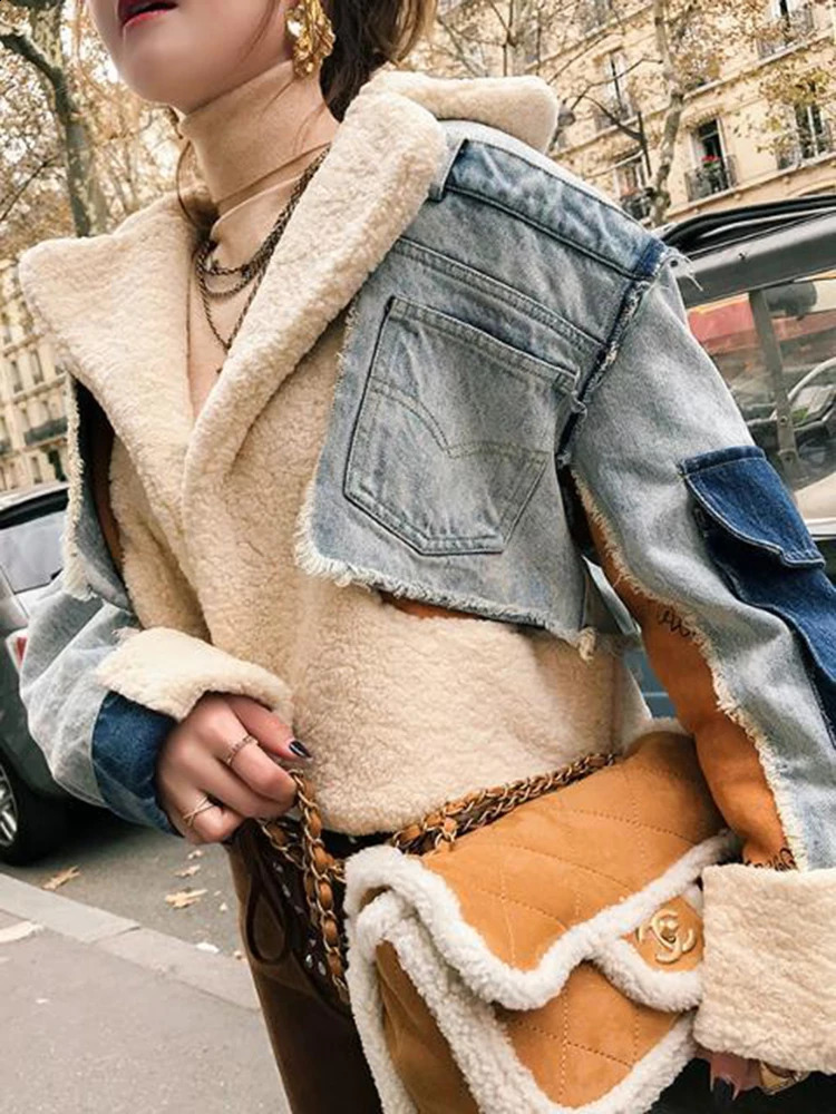 oein Denim Jacket Womens European Style Plush Personalized Lamb Wool Lapel Thickened Top Heavy Work Stitching 250121