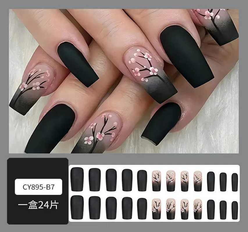 Womens Square Fake Nail DIY Pink Plum Blossom Design French Press Wearable Nail Set Fake Nail Party CF33W250120